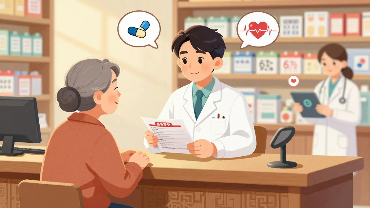 Pharmacist giving side effect guide to elderly woman in warm, detailed pharmacy setting.