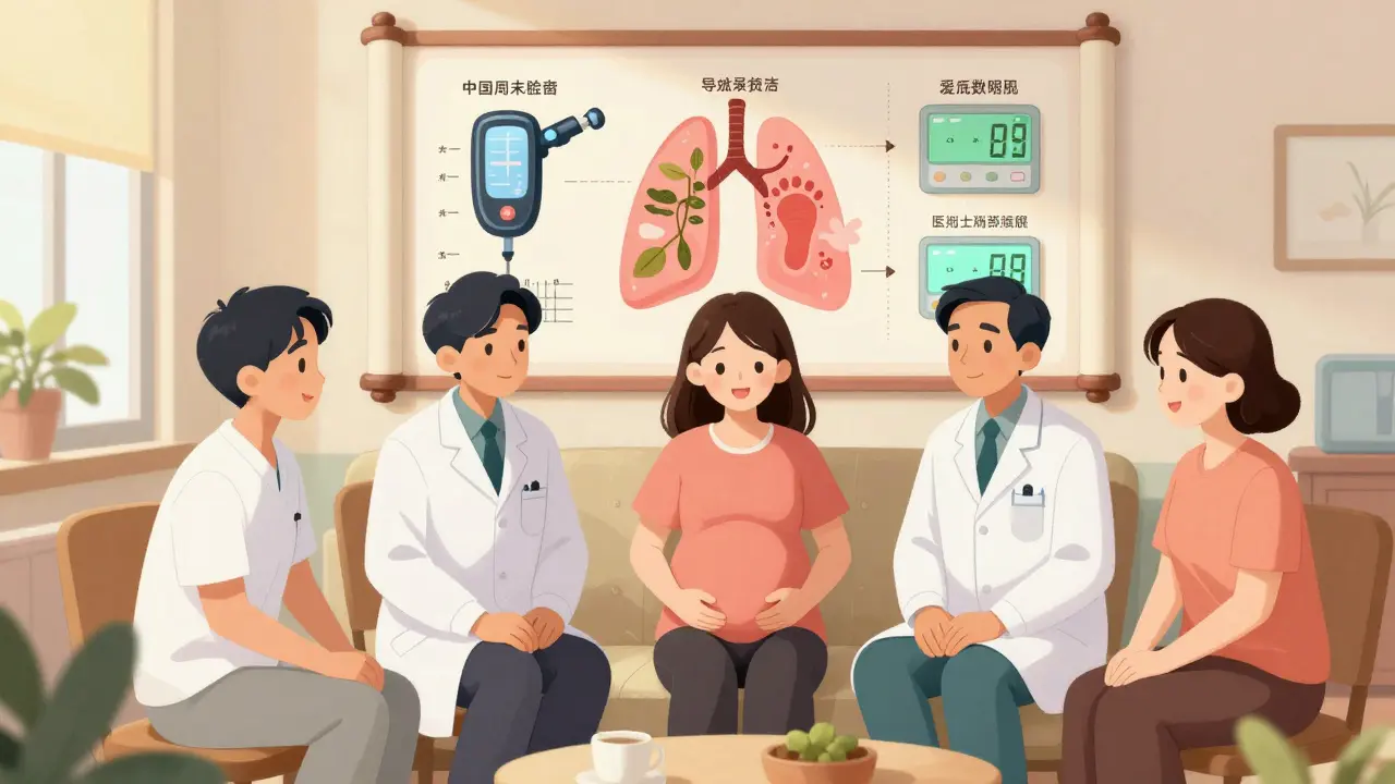 Pregnant woman with her medical care team reviewing asthma management tools illustrated as traditional Chinese scrolls.