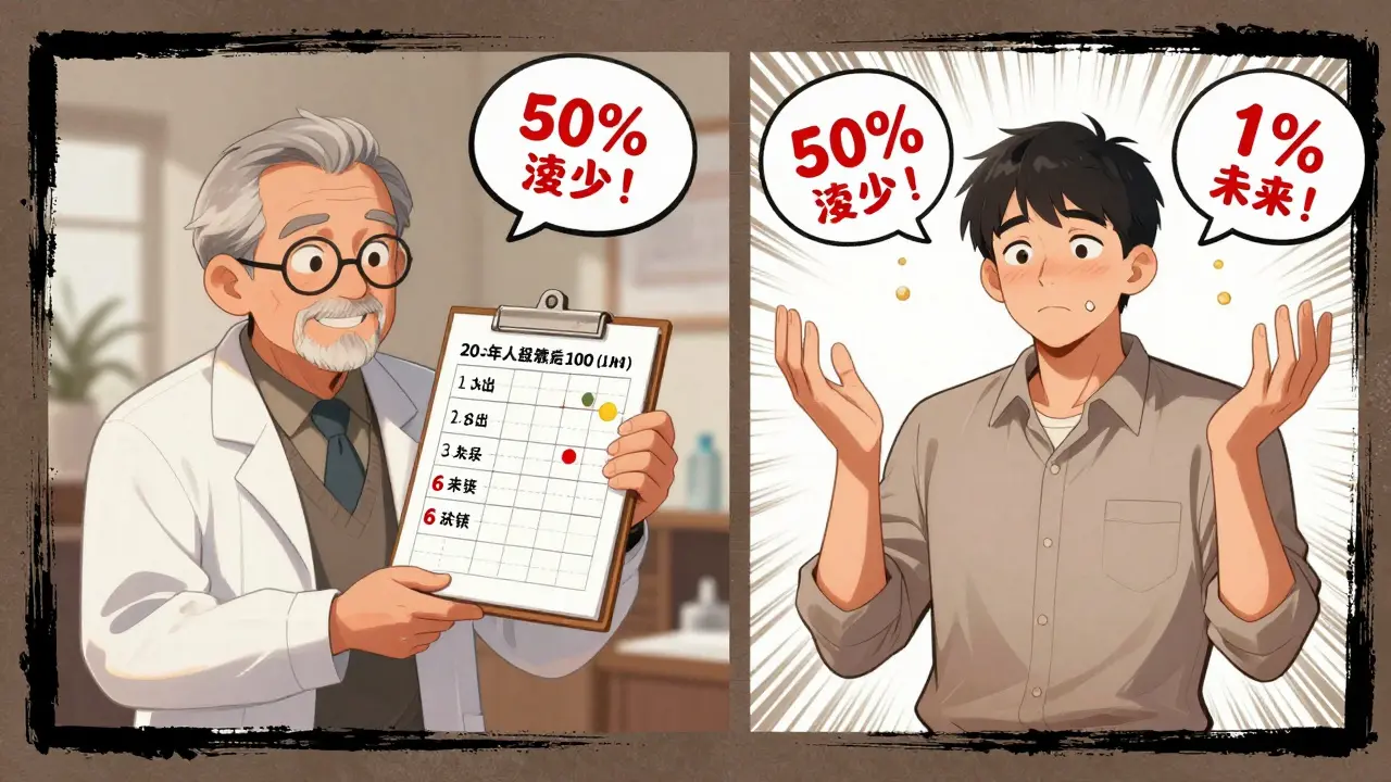 Side-by-side scenes: a high-risk patient benefits from a drug, while a low-risk one sees no change.