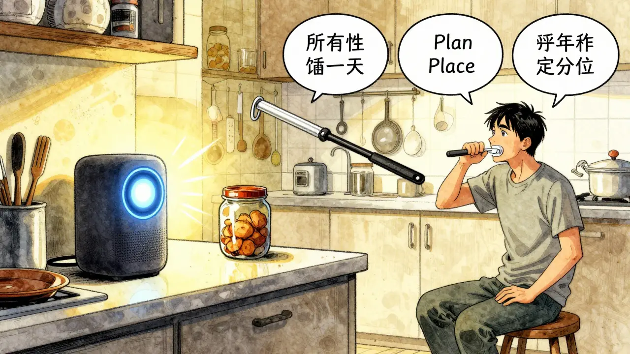 Someone using adaptive tools in the kitchen, seated and assisted by voice tech and grabbers.