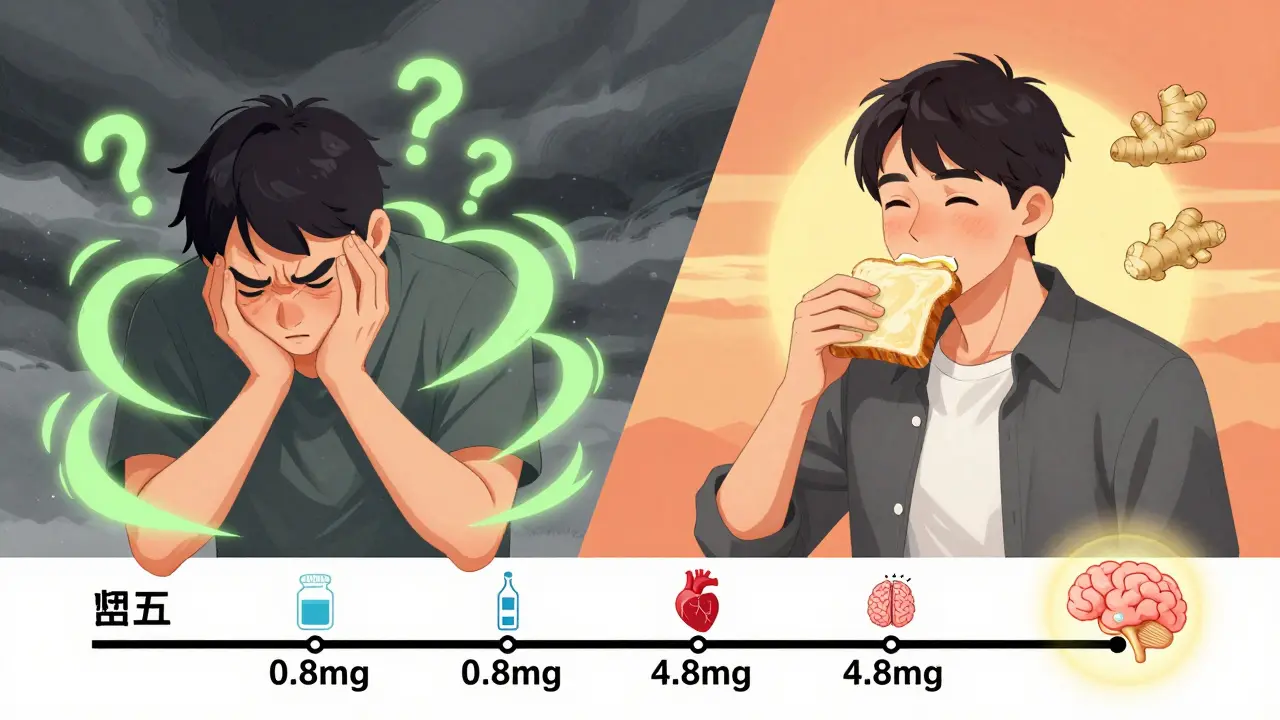 Split illustration showing nausea turning to relief with ginger and rising pill doses, background shifting from gray to sunrise.