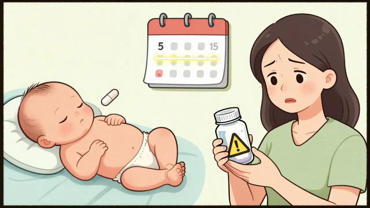 Split illustration showing safe and risky medications affecting a breastfeeding baby with time-based cell changes.