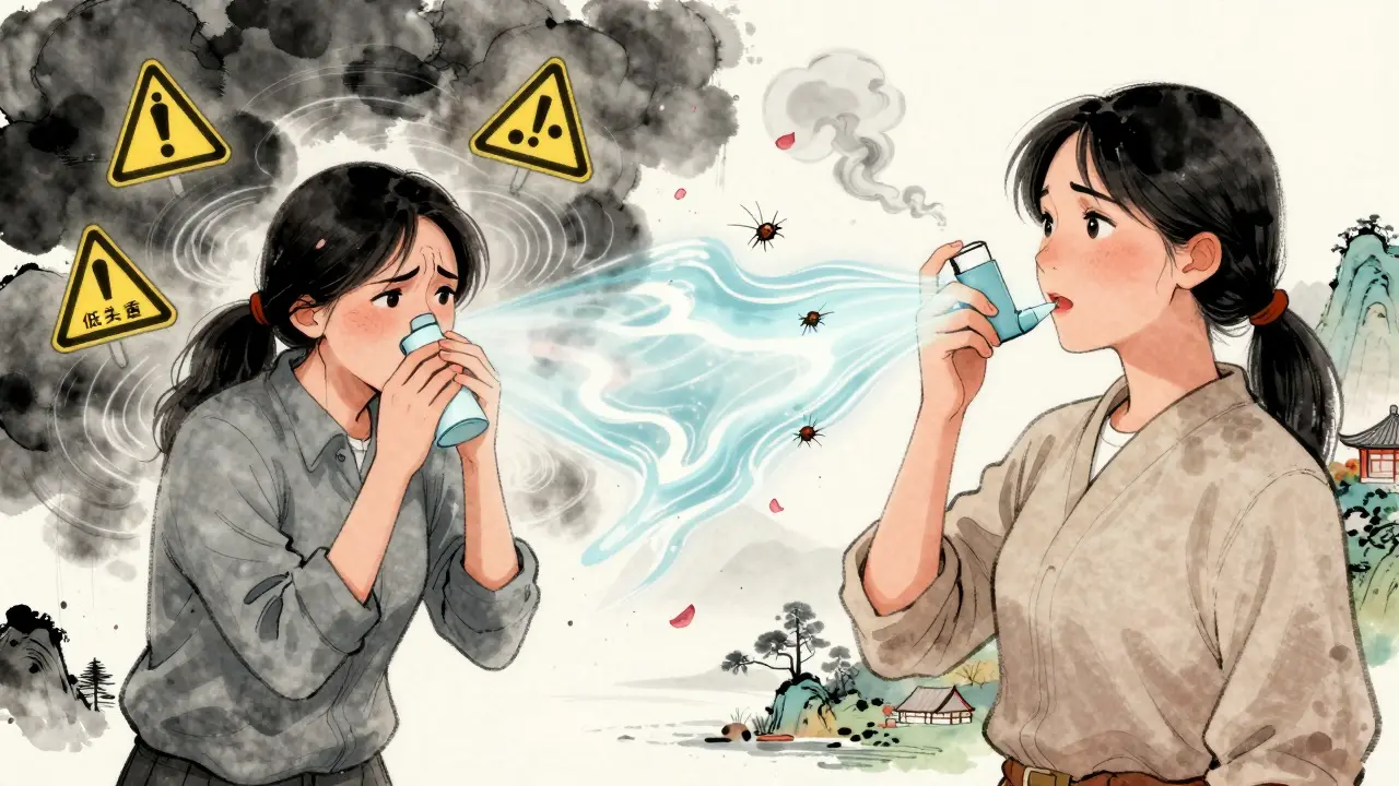 Split illustration: uncontrolled asthma causing danger vs. controlled asthma bringing peace and health during pregnancy.