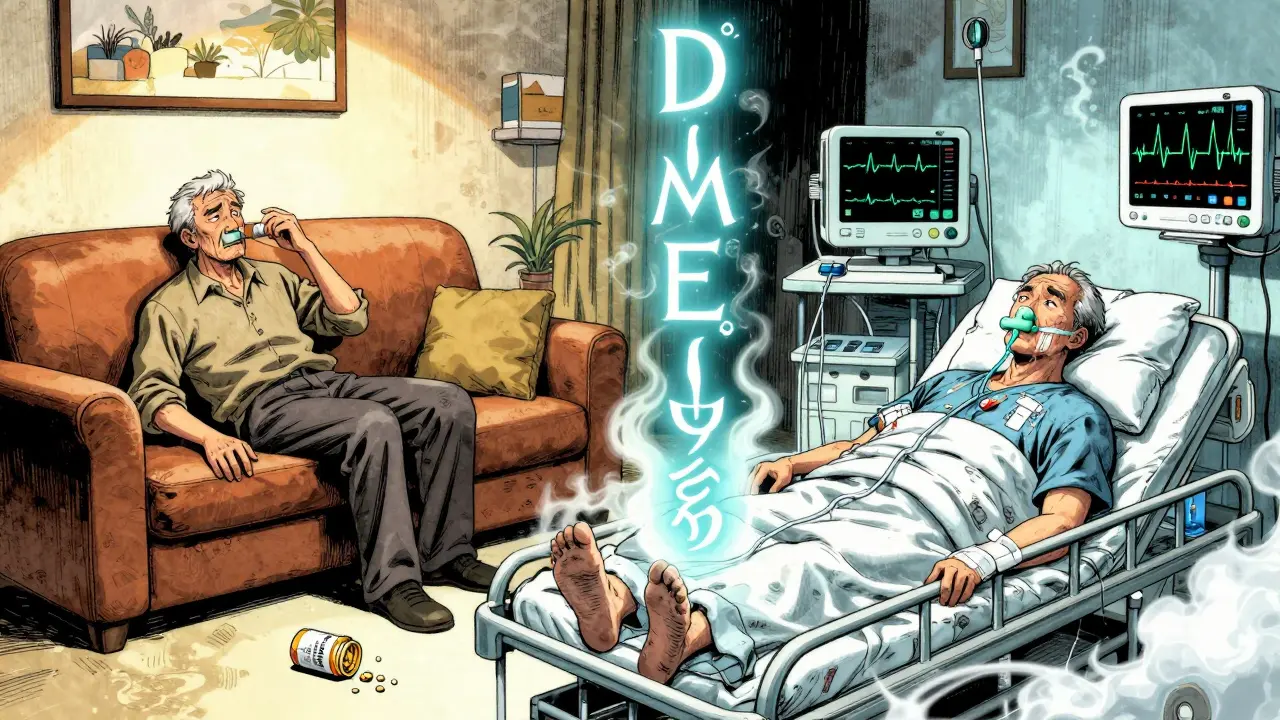 Split scene: elderly man at home with missed meds vs. same man in ICU with medical monitors and DIMES triggers floating.