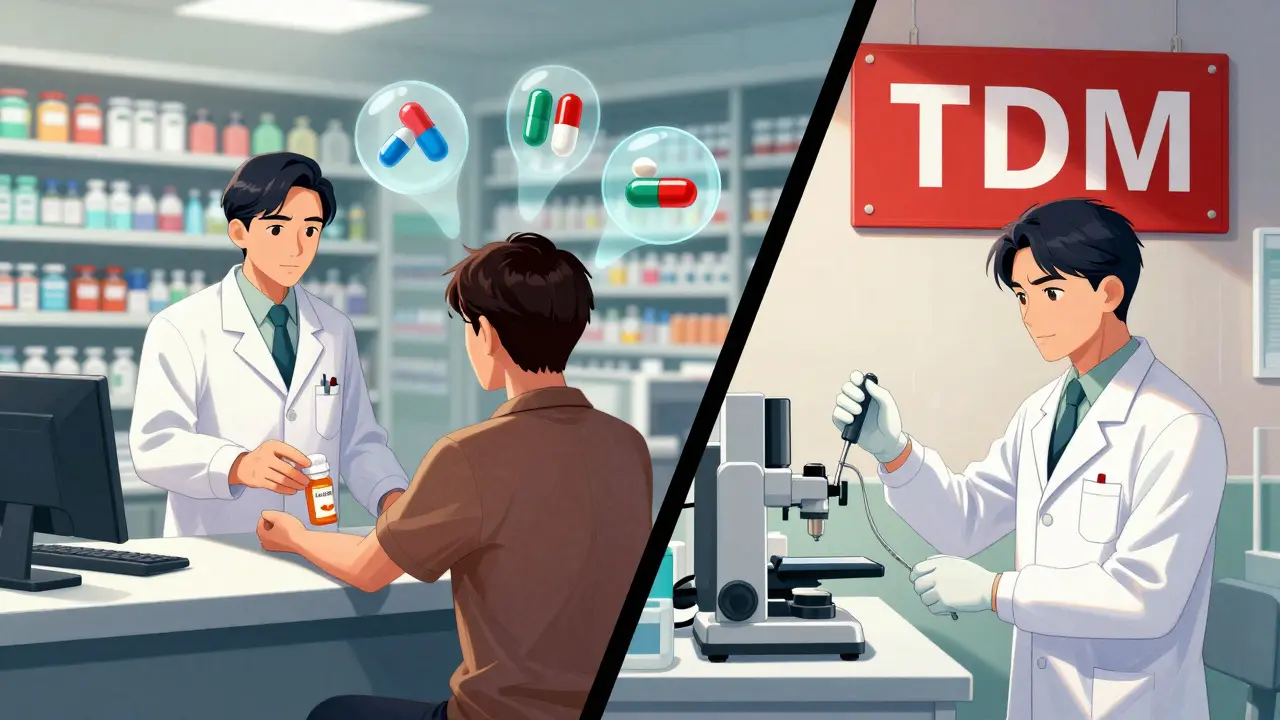 Split scene: pharmacist giving generic pills on one side, lab technician drawing blood for TDM on the other.