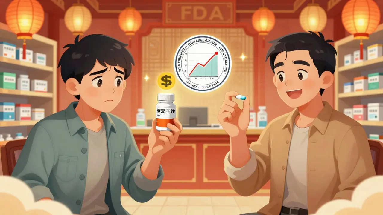 Split scene: worried patient facing high-cost brand pill vs. smiling patient holding affordable generic, with FDA seal and bioequivalence graph between them.