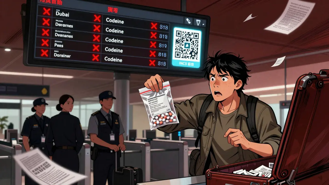 Traveler at Dubai airport customs, officers holding unlabeled pills as banned drugs list glows on screen.