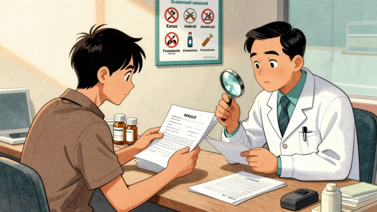 Traveler presenting medical documents to a doctor in Bangkok clinic, banned drugs chart on wall behind them.