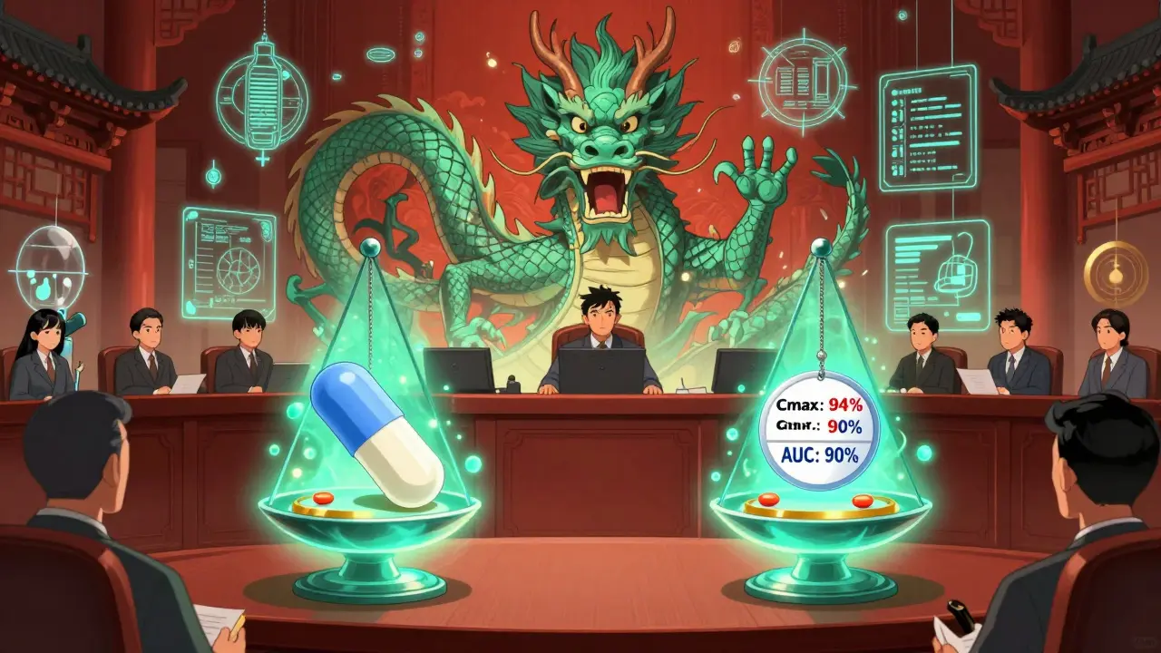 Two pills weighed on scales with Cmax and AUC values inside golden rings, watched by a data-dragon in Chinese manhua style.