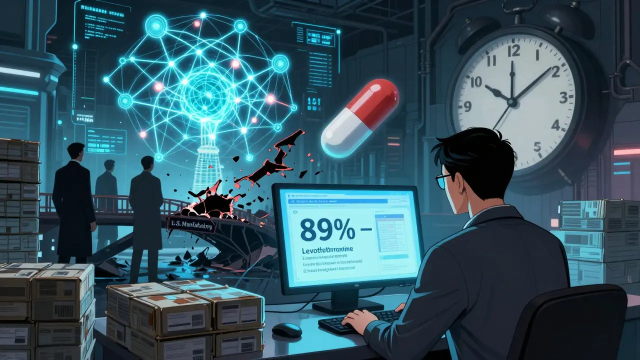 A data hub predicts a drug shortage as executives hoard supplies and a broken bridge symbolizes failed domestic production.