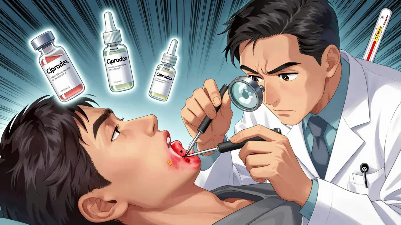 A doctor cleaning an infected ear canal with a magnifying scope and medical drops floating nearby.