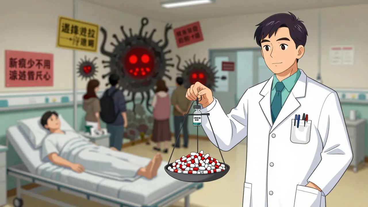 A hospital scene with doctors weighing last-resort antibiotics against unnecessary prescriptions.