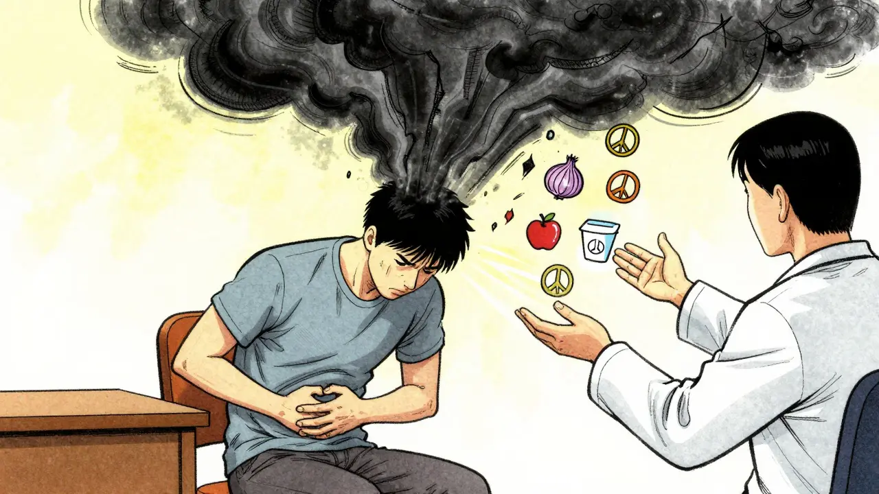 A person in stress with storm clouds from their gut calmed by hypnotherapy hands, in Chinese manhua style.