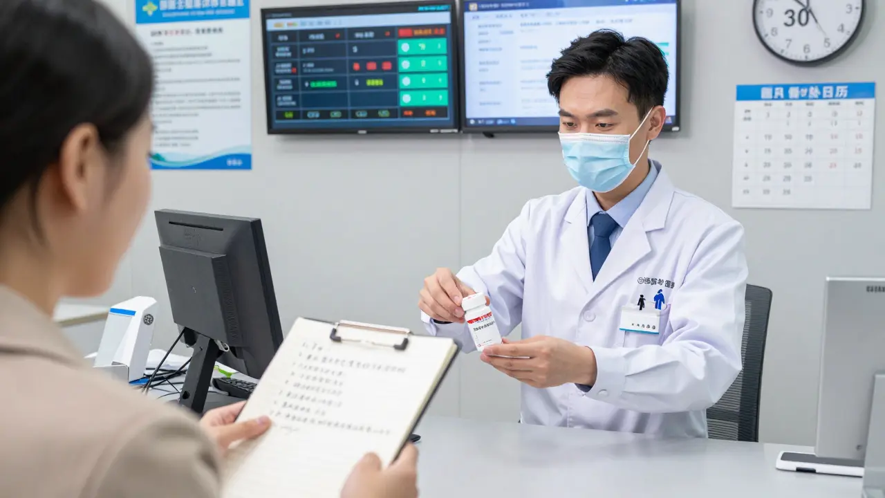 A pharmacist applies a 'No Substitution' sticker as digital systems track drug batches and patient questions are noted.