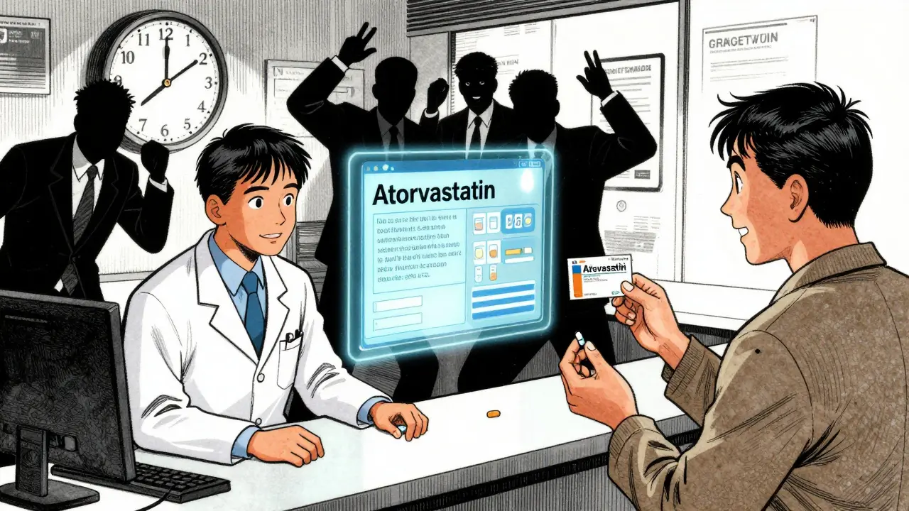 A pharmacist checks a generic pill against a holographic Orange Book while a patient smiles.