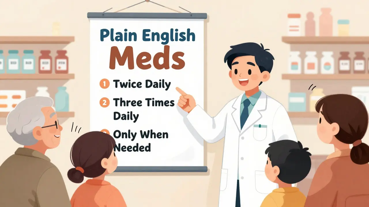 A pharmacist points to a poster replacing medical abbreviations with plain English terms, patients nod in understanding.