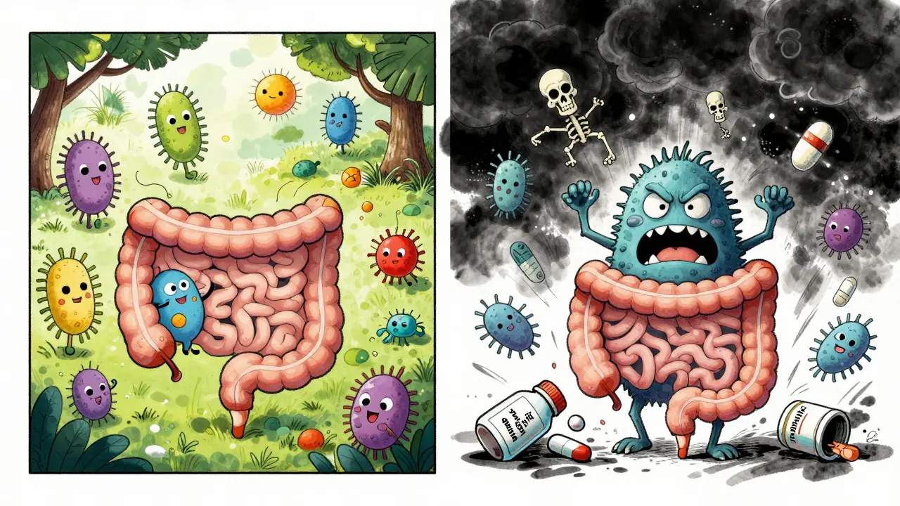 A split illustration showing healthy gut bacteria versus chaotic gut after antibiotics.