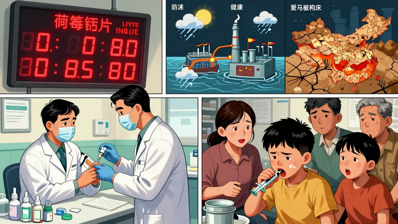 A wealthy patient gets insulin while a poor family holds an empty syringe, with digital shortage alerts glowing above them.