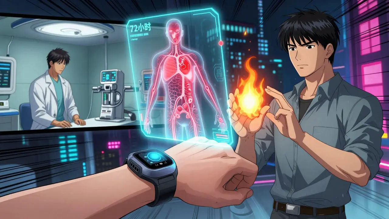 A wearable device predicting a flare with holographic immune system warning, split scene of crisis vs. prevention.