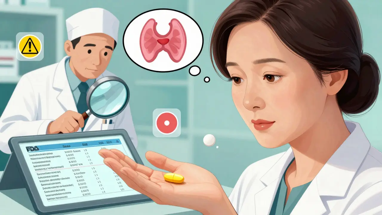 A woman examines a differently shaped generic pill while a pharmacist helps her understand thyroid medication changes.