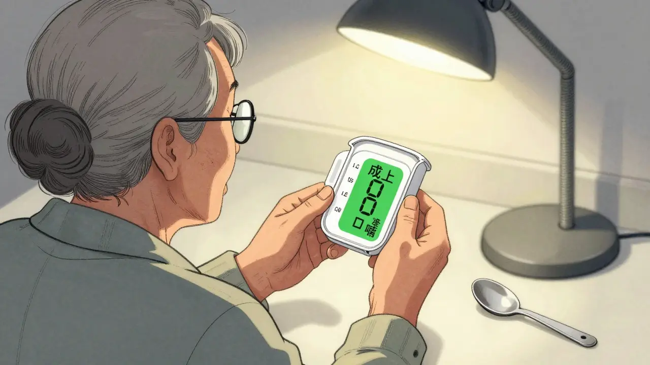 An elderly woman reads the backlit dose marking on a medication measuring cup.