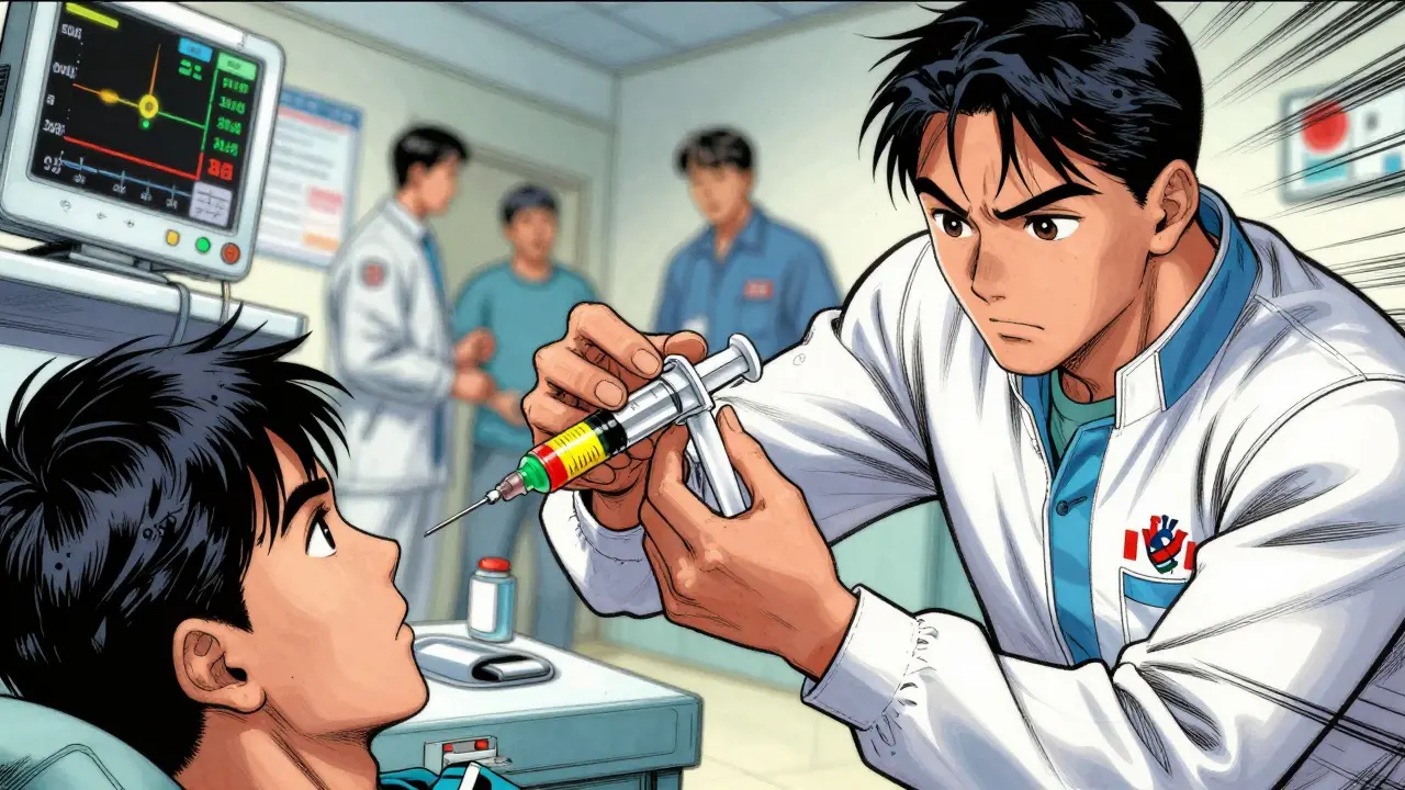 An emergency medic administers epinephrine using a color-coded syringe in a hospital setting.