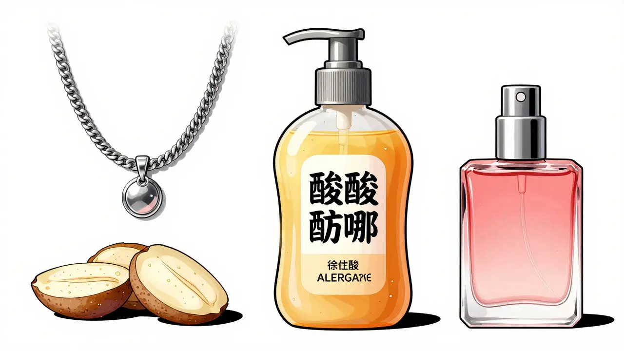 Close-up of common skin allergens like nickel jewelry and makeup