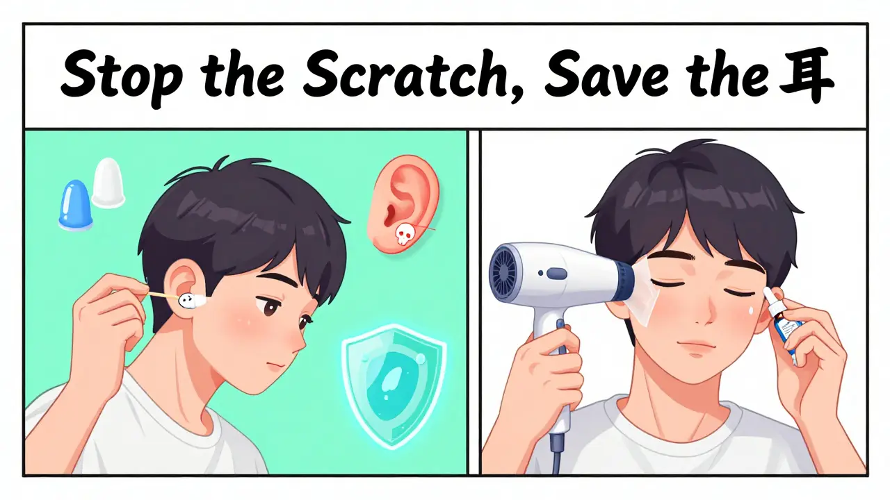 Contrasting images of harmful cotton swab use versus safe ear drying and preventive drops.