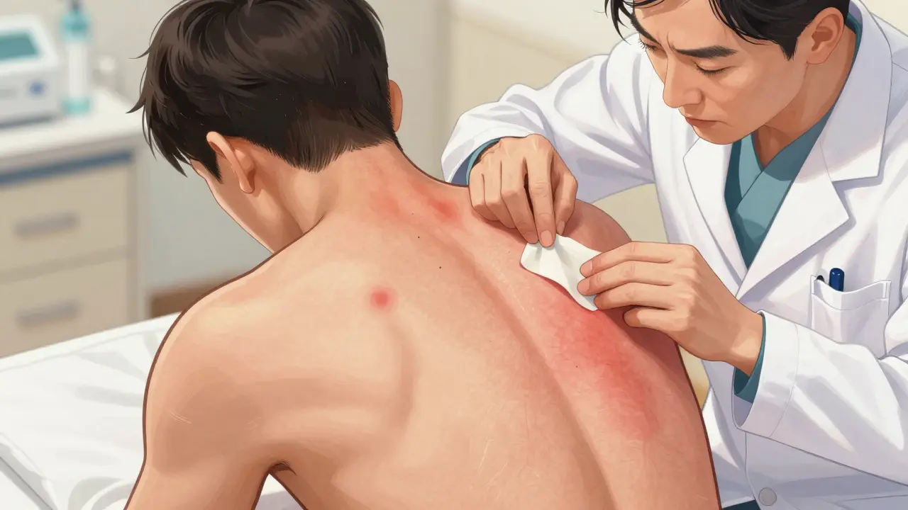 Dermatologist checking patch test reactions on patient's back