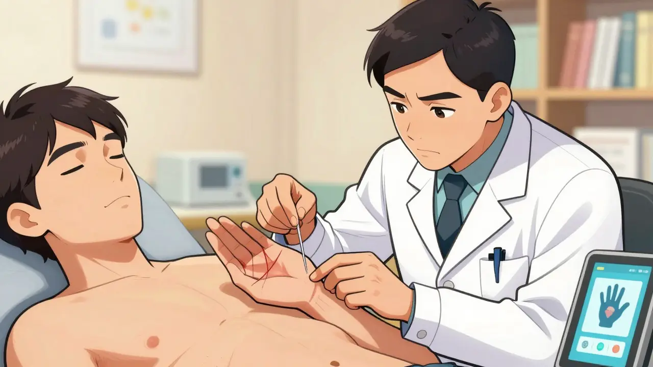 Doctor performing needle aponeurotomy on a patient’s hand with a visible snapping cord.