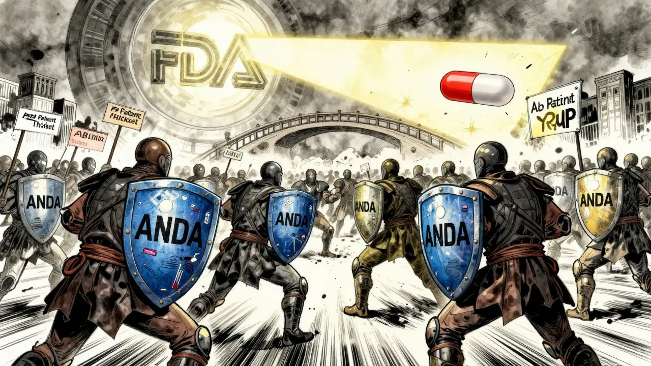 Generic drug makers battle patent thicket figures as an FDA light beam turns a pill into a bridge.