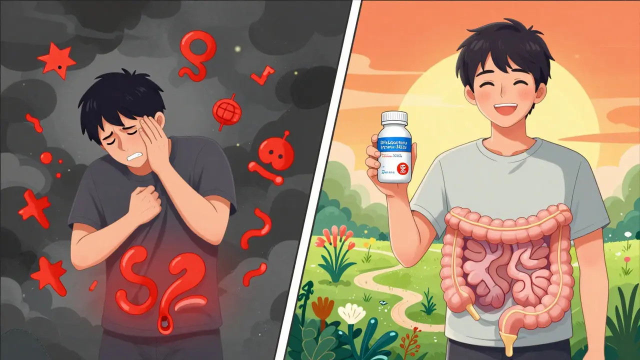 Split scene: chaotic gut pain vs. balanced gut health with probiotic, in Chinese manhua style.