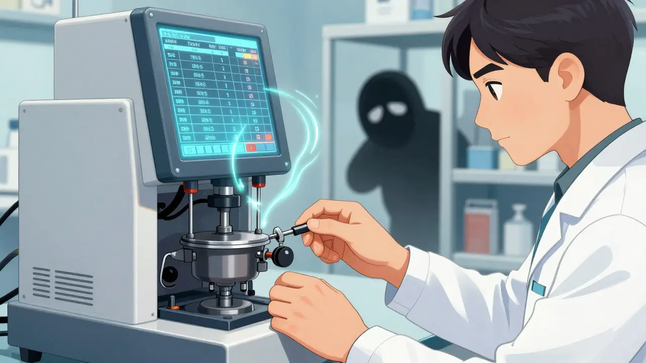 Technician calibrating equipment with digital audit trail glowing above, whistleblower in shadow.