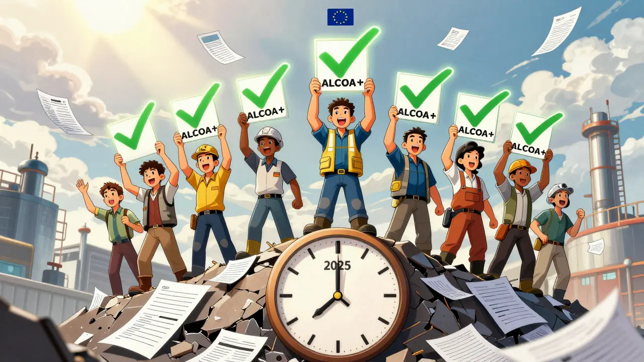 Workers hold up glowing ALCOA+ principles as they stand atop crumbling paper records under FDA and EU logos.