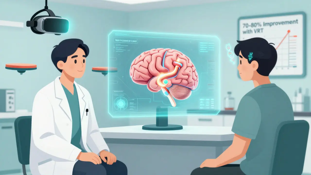 A doctor and patient reviewing a holographic balance system, with VR headset and DNA helix visible.