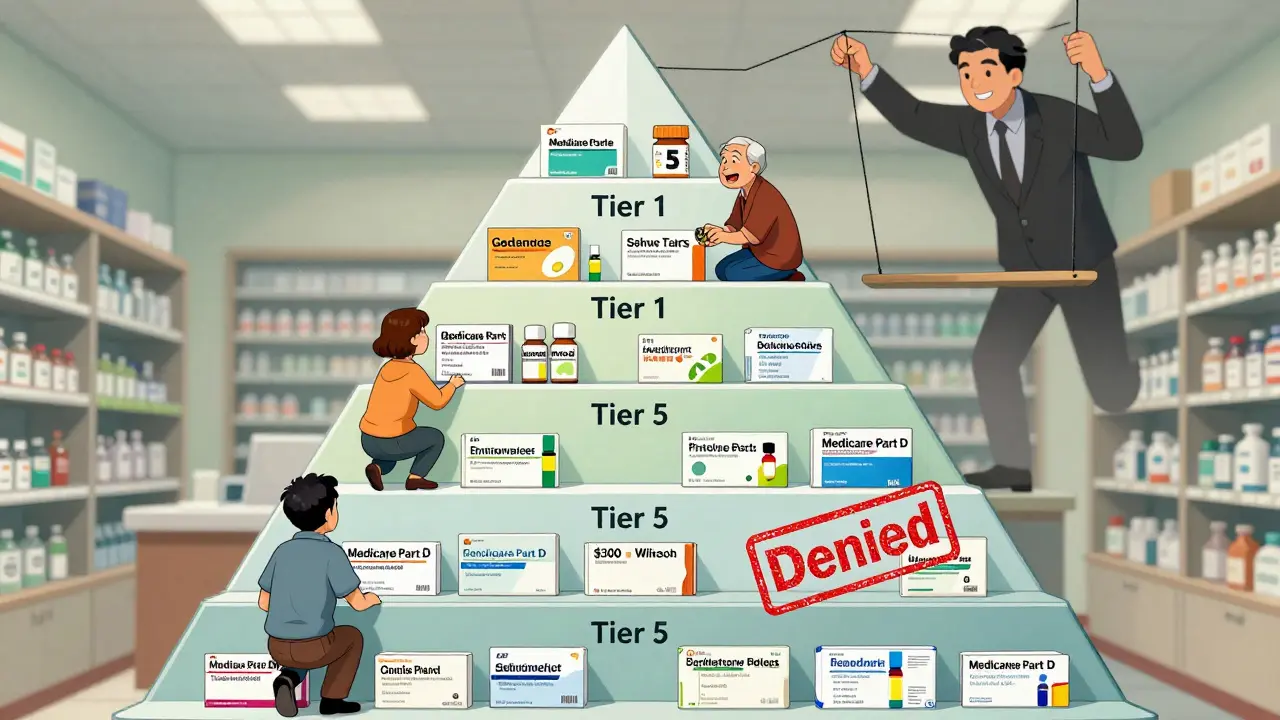 A five-tiered formulary pyramid in a pharmacy, with patients on different levels and a shadowy figure controlling drug costs.