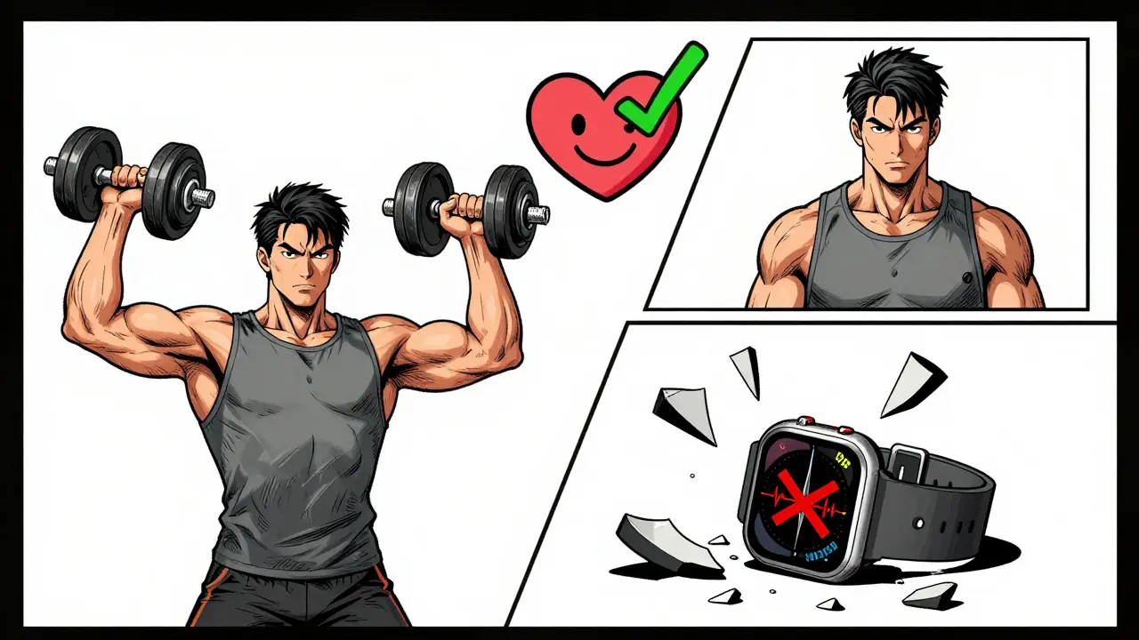 A man lifting light weights with a glowing heart icon above, while a broken smartwatch lies nearby, showing rejection of heart rate targets.