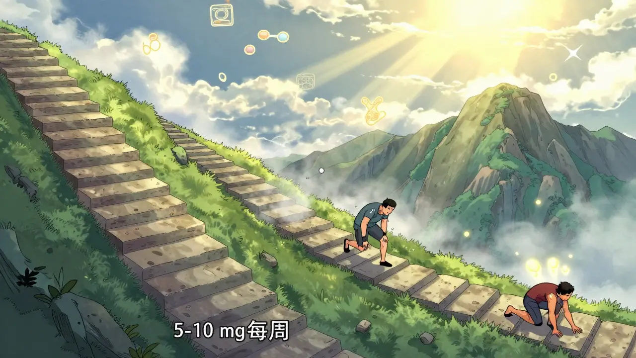 A mountain path illustrates three phases of steroid tapering, with symbolic medical elements in the sky.