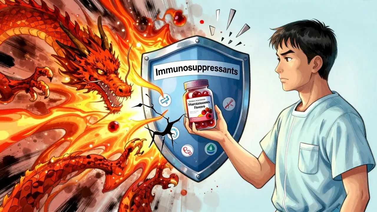 A patient's immune shield cracks under elderberry's cytokine dragons while immunosuppressants break apart.