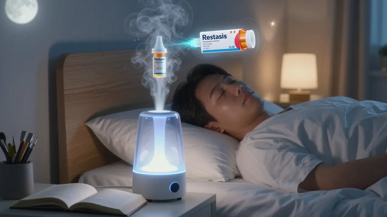 A person sleeping peacefully with a humidifier nearby and floating prescription eye drop bottles glowing gently above them.