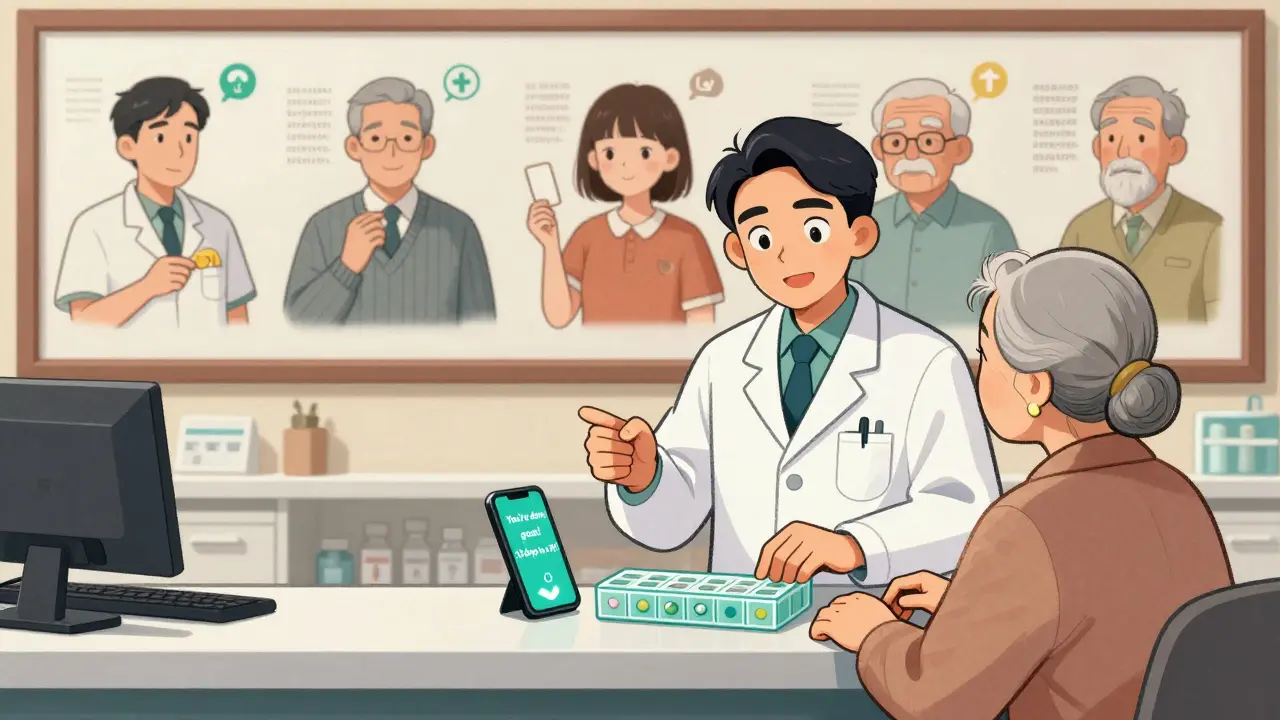 A pharmacist hands a senior woman a pill organizer while her phone displays an encouraging text message, with diverse patients in the background.