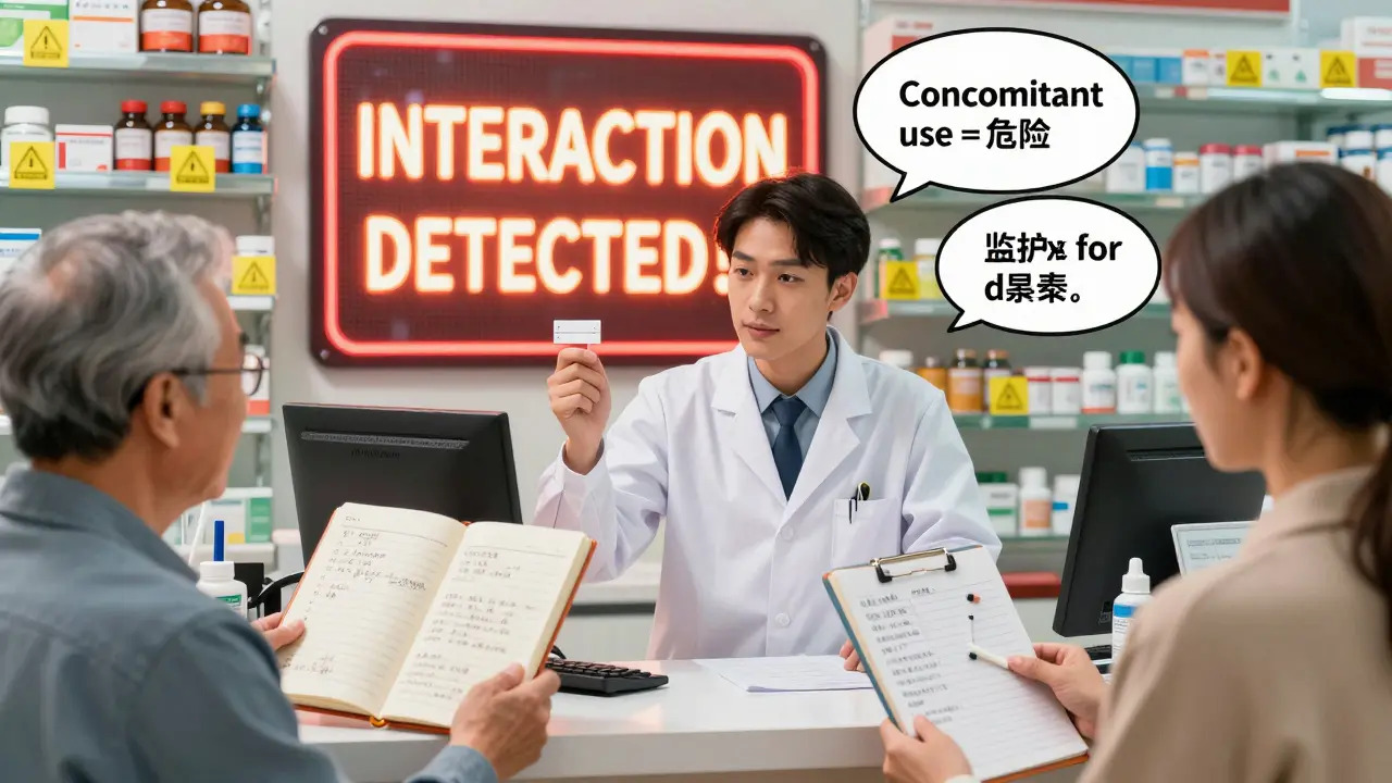 A pharmacist points to a prescription label while a patient holds a detailed medication list at a colorful pharmacy counter.