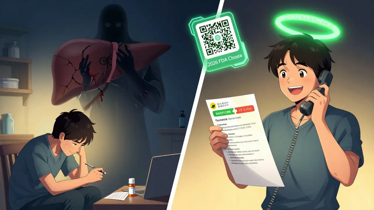 A split image: one side shows a hidden liver danger from ignoring labels, the other shows safe medication management with a pharmacist.