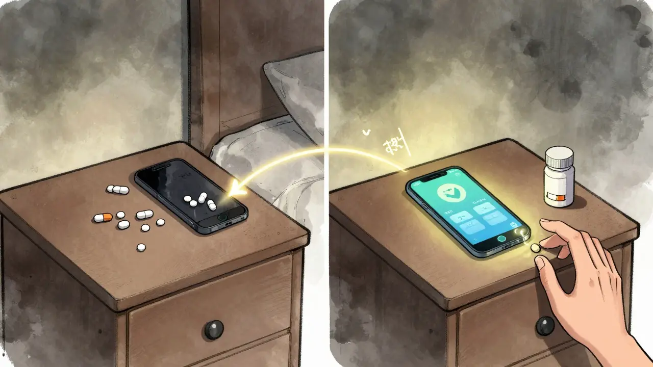 A split scene showing chaotic missed pills on one side and a glowing reminder helping a hand reach for medication on the other.