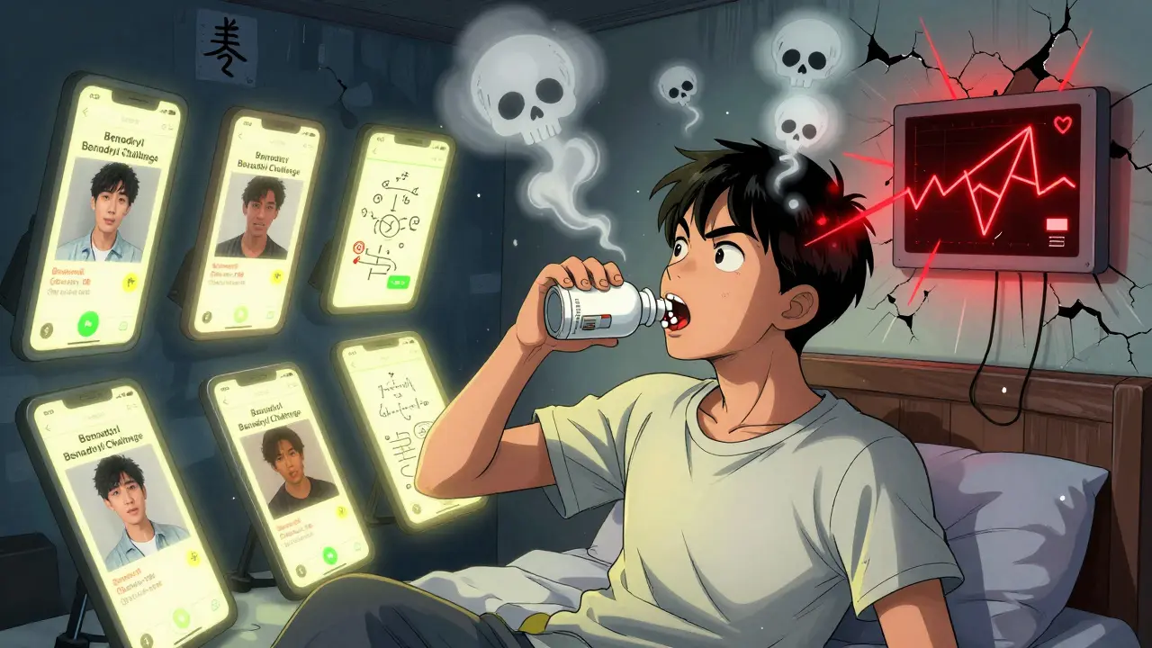 A teen taking Benadryl pills that turn into skull smoke, with glowing social media screens and a spike heart monitor in the background.