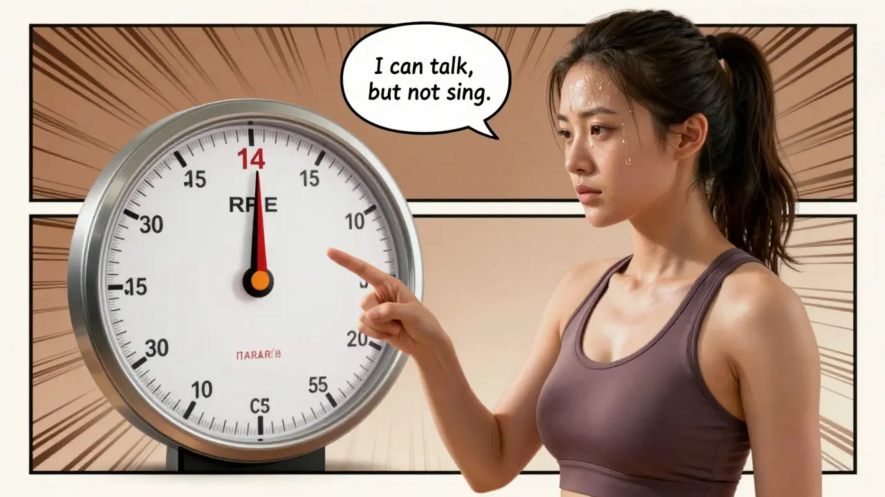 A woman using the Borg RPE scale during a walk, with a speech bubble saying 'I can talk but not sing,' illustrating the talk test method.