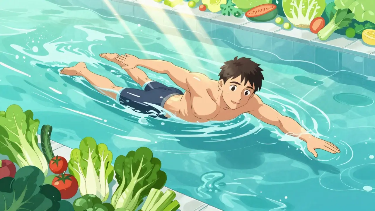 Active swimmer near healthy vegetables demonstrating arthritis management