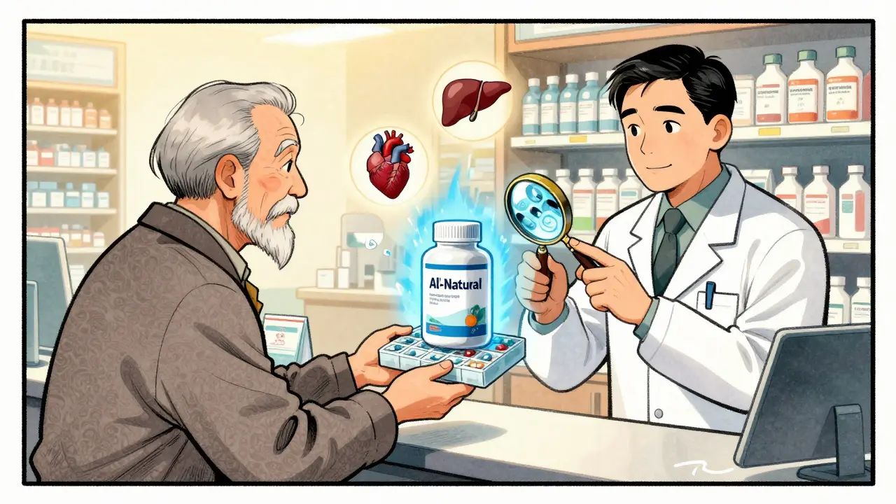 An elderly man and pharmacist examining a supplement bottle with hidden drug symbols revealed by a magnifying glass, surrounded by medical warning icons.