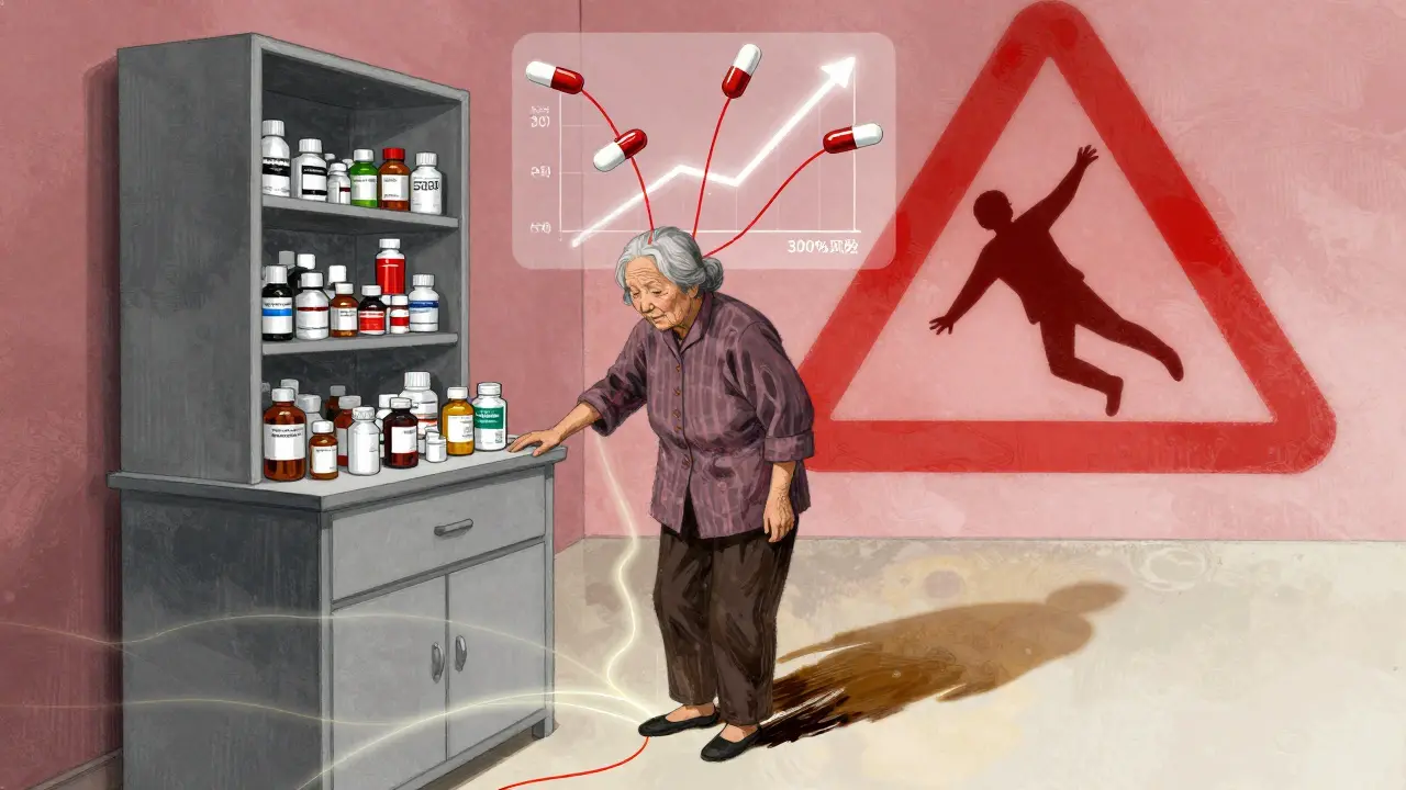 An elderly woman surrounded by medicine bottles, with a falling figure warning sign looming behind her.