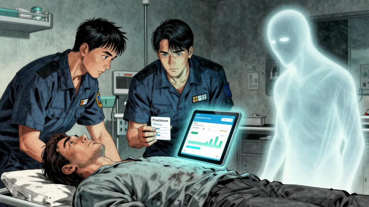 An emergency scene shows a collapsed patient with a steroid alert card, while a ghostly past self watches.